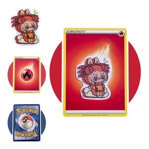 Anime Vinyl Sticker (M14): Labubu Monster Cancer with Fire Energy Card, 1.75"